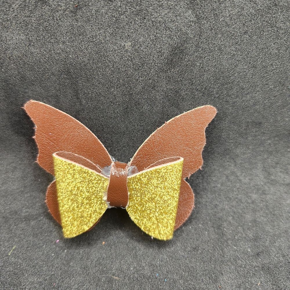 Hand Crafted Brown and Gold Butterfly  Hair Clip Bow Barrette Faux Leather